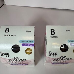Two pair Leggs Silken Mist Control Top Size B Black Mist Coffee Color Pantyhose